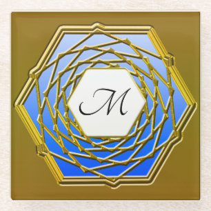 Glazen Onderzetter met gouden en blauwe hexagon de