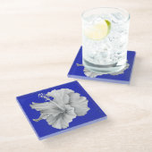 Glazen Onderzetter met Hibiscus op blauwe achtergr (Schuin)