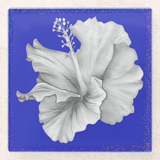 Glazen Onderzetter met Hibiscus op blauwe achtergr (Voorkant)