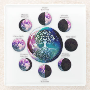 Glazen Onderzetter met Moon Phase Chart & Tree of 