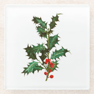Glazen onderzetter: VINTAGE CHRISTMAS HOLLY Onderzetter