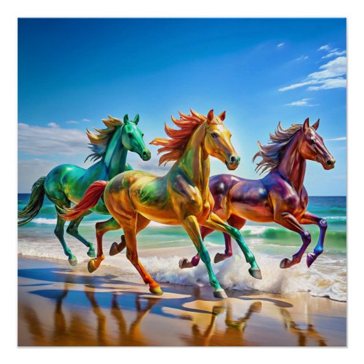 Glazen paarden galopperen op een strand Poster | l (Voorkant)