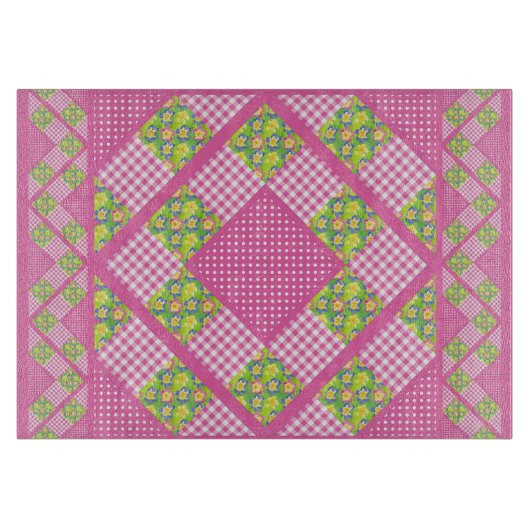 Glazen Raad: Roze primroses Polkas Gingham Snijplank (Voorkant)