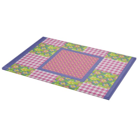 Glazen Raad: Roze primroses Polkas Gingham Snijplank (Hoek)