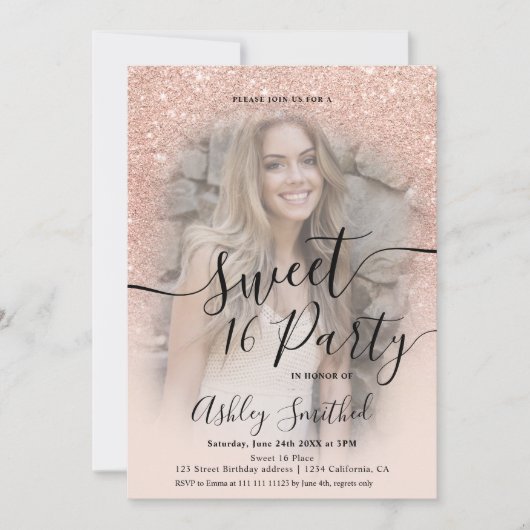 Glazen roos goud glitter ombre foto Sweet 16 Kaart (Voorkant)