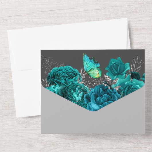 Glazen roos van Aqua grijs All In One Uitnodiging (Achterkant)