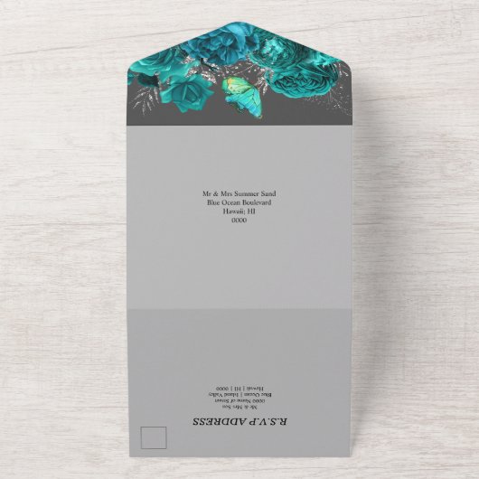 Glazen roos van Aqua grijs All In One Uitnodiging (Buitenkant)