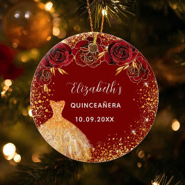 Glazen ruiten met Quinceanera-rode goudjurk Keramisch Ornament