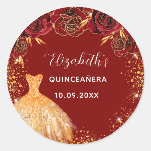 Glazen ruiten met Quinceanera-rode goudjurk Ronde Sticker
