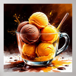 Glazen schaal met chocolade en mango ijs poster