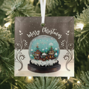 Glazen Sneeuwbal Winter Dorp Sneeuwvlokken Bruin Glas Ornament