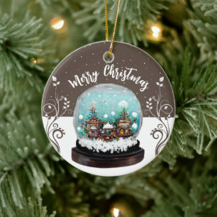 Glazen Sneeuwbal Winter Dorp Sneeuwvlokken Bruin Keramisch Ornament