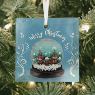 Glazen Sneeuwbal Winterdorp Sneeuwvlokken Blauw Glas Ornament