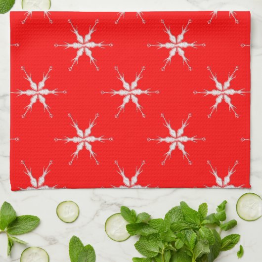 Glazen sneeuwvlokken op rode achtergrond theedoek (Gevouwen)