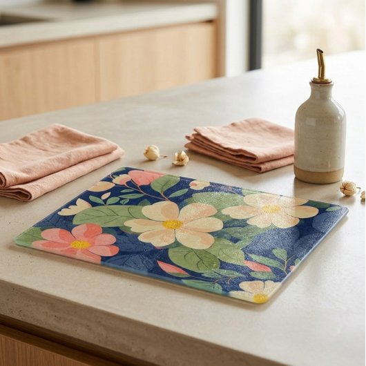 Glazen Snijplank Navy Roze Bloem Botanisch