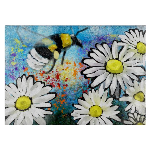 Glazen snijplank - Whimsical Bee & Daisies (Voorkant)