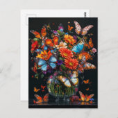 Glazen vaas met kleurrijke vlinders en bloemen. briefkaart (Voorkant / Achterkant)