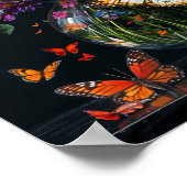 Glazen vaas met kleurrijke vlinders en bloemen. poster (Hoek)