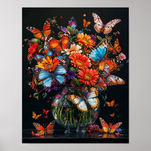 Glazen vaas met kleurrijke vlinders en bloemen. poster (Voorkant)