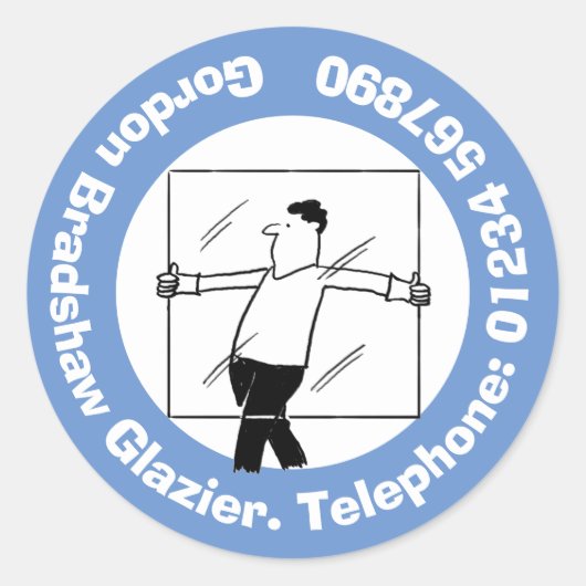 Glazier glas & beglazing met Contactgegevens. Ronde Sticker (Voorkant)