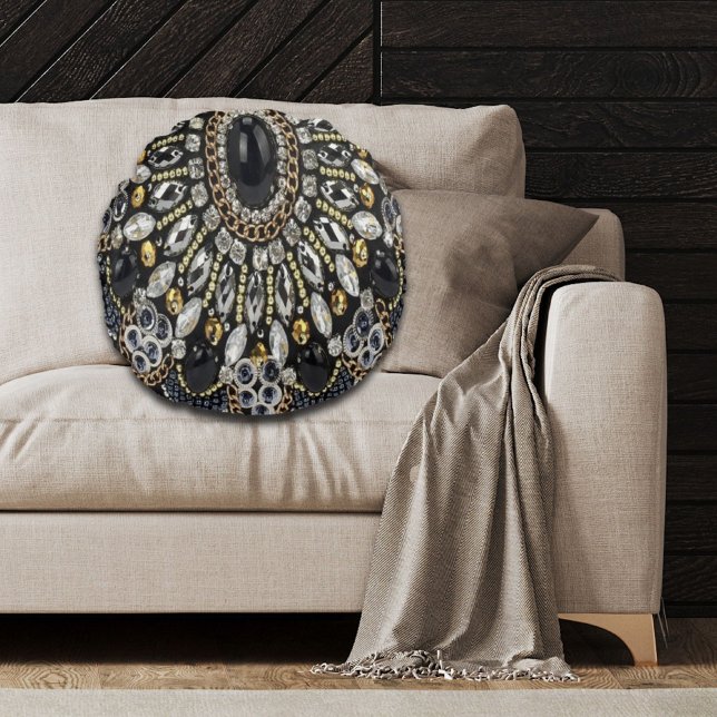 glazuur kunst deco zwarte goudmahemaan rond kussen (girly glam art deco black gold bohemian round pillow)
