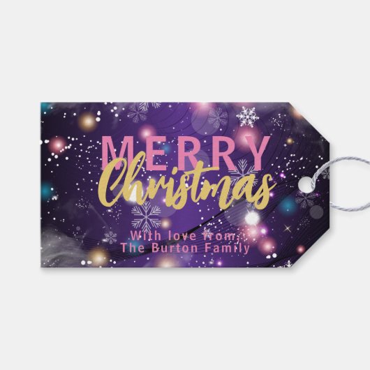 Gleaming Paarse Winter Wonderland Merry Kerstmis Cadeaulabel (Voorkant (Horizontaal))