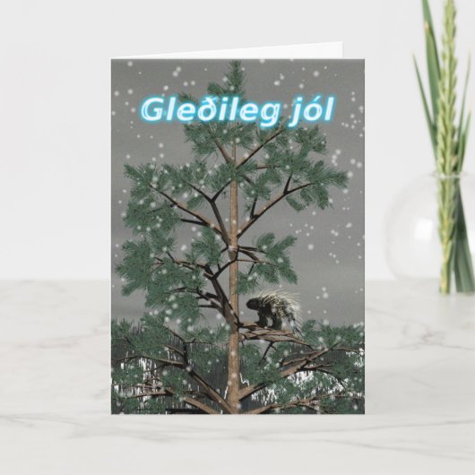 Gleðileg jól - stekelvarken in een dennenboom feestdagen kaart (Voorkant)