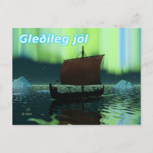 Gleðileg Jól - Viking Ship and Northern Lights Briefkaart