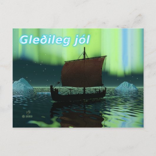 Gleðileg Jól - Viking Ship and Northern Lights Briefkaart (Voorkant)