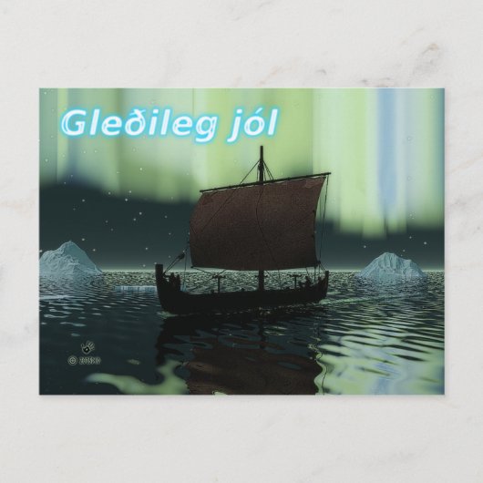 Gleðileg Jól - Viking Ship and Northern Lights Briefkaart (Voorkant)