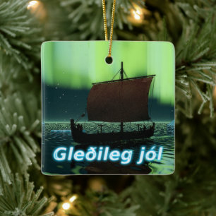 Gleðileg Jól - Viking Ship Keramisch Ornament