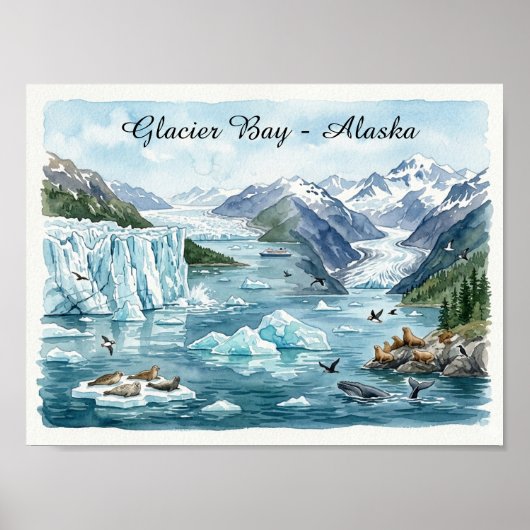 Gletsjerbaai Alaska Nationaal Park Aquarel Poster (Voorkant)