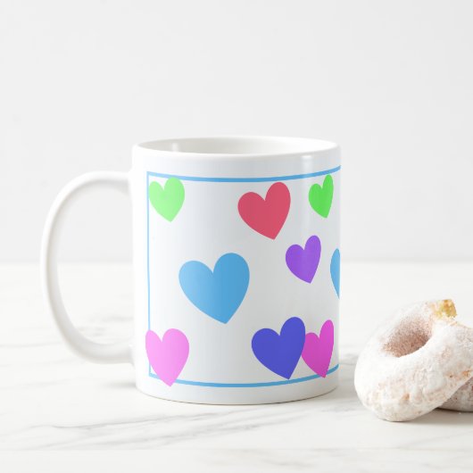 Gliding Hearts - Diverse pastelkleuren op blauw Koffiemok (Met donut)