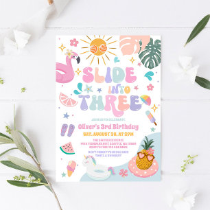 Glij naar Drie Zwembadfeest Zomer 3e Verjaardag Kaart