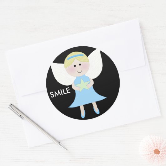 Glimlach Blauwe Engel Ronde Sticker (Envelop)