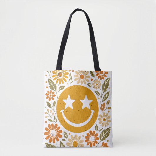 Glimlach gezicht met bloemen boho tote bag (Voorkant)