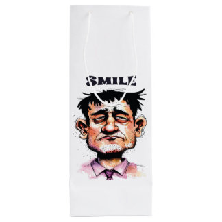 Glimlach, grappig gezicht, mannenportret, cartoon wijn cadeautas