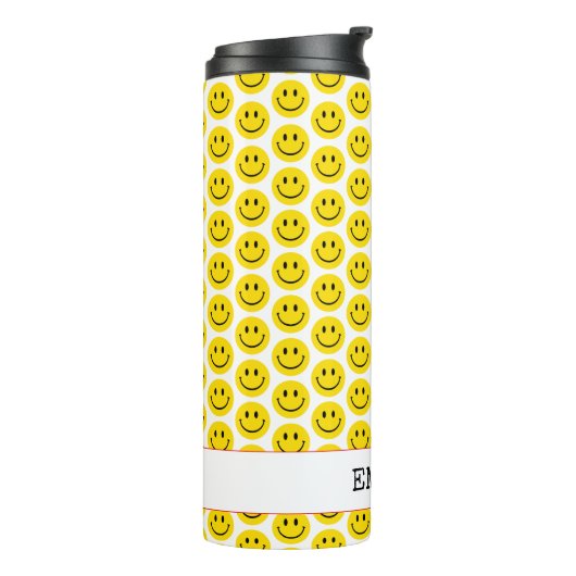 Glimlach Happy Face NAAM Geel Zwart Rood Retro Fun Thermosbeker (Gedraaid links)