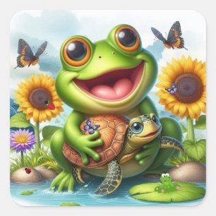 Glimlach Kikker en Zeeschildpad Scene Vierkante Sticker