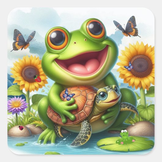 Glimlach Kikker en Zeeschildpad Scene Vierkante Sticker (Voorkant)