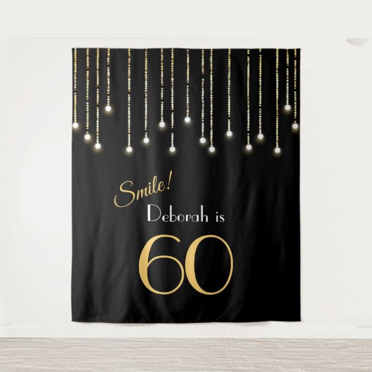 Glimlach Verjaardag Zwart Goud Fotobooth Achtergro Wandkleed (Voorkant)