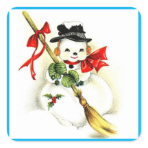 glimlachen Snowman, Cute w/Pet, Broom, Holly & Bow