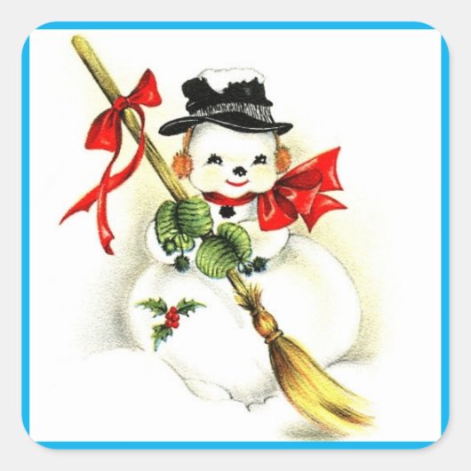 glimlachen Snowman, Cute w/Pet, Broom, Holly & Bow Vierkante Sticker (Voorkant)