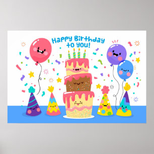 glimlachen van de Birthday Cake en ballonnen Poster