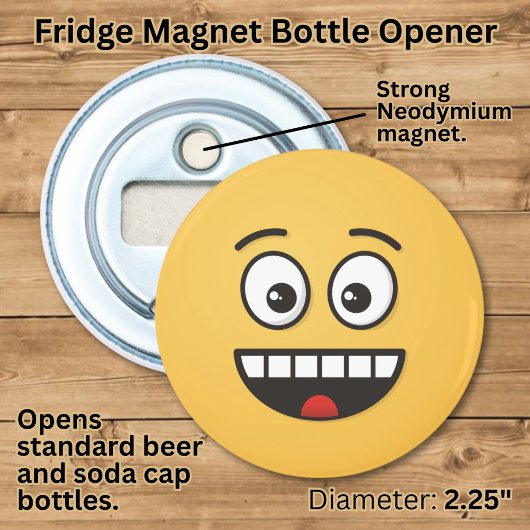 Glimlachend gezicht met open mond button flesopener