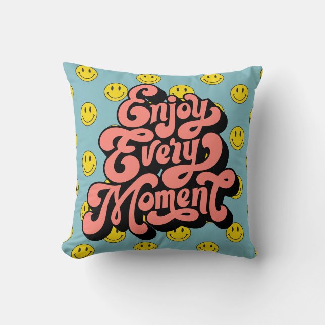 Glimlachend Gezichtspatroon – Schattigee Gele Glim Kussen (Voorkant)