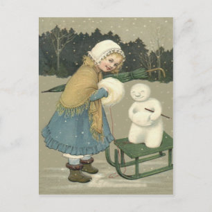 Glimlachend Meisje Sneeuwpop Arrenslee Sneeuw Bos Briefkaart