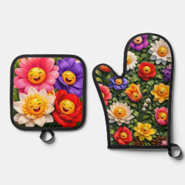 Glimlachend miauw speelse gelukkige bloem oven, mu ovenwant & pannenlap set