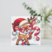 Glimlachend rendier met Ornamenten en snoepriet Feestdagenkaart (Staand voorkant)