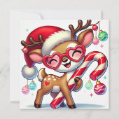 Glimlachend rendier met Ornamenten en snoepriet Feestdagenkaart (Voorkant)